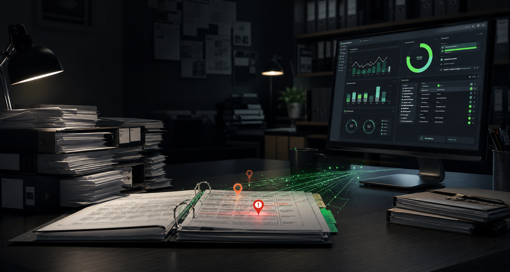 Compliance documents and AI dashboard in a nursing home administration command center
