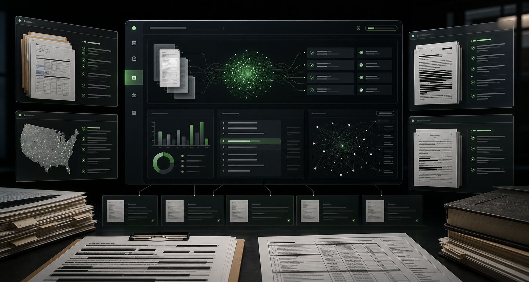 Cinematic compliance intelligence interface with survey documents and source cards